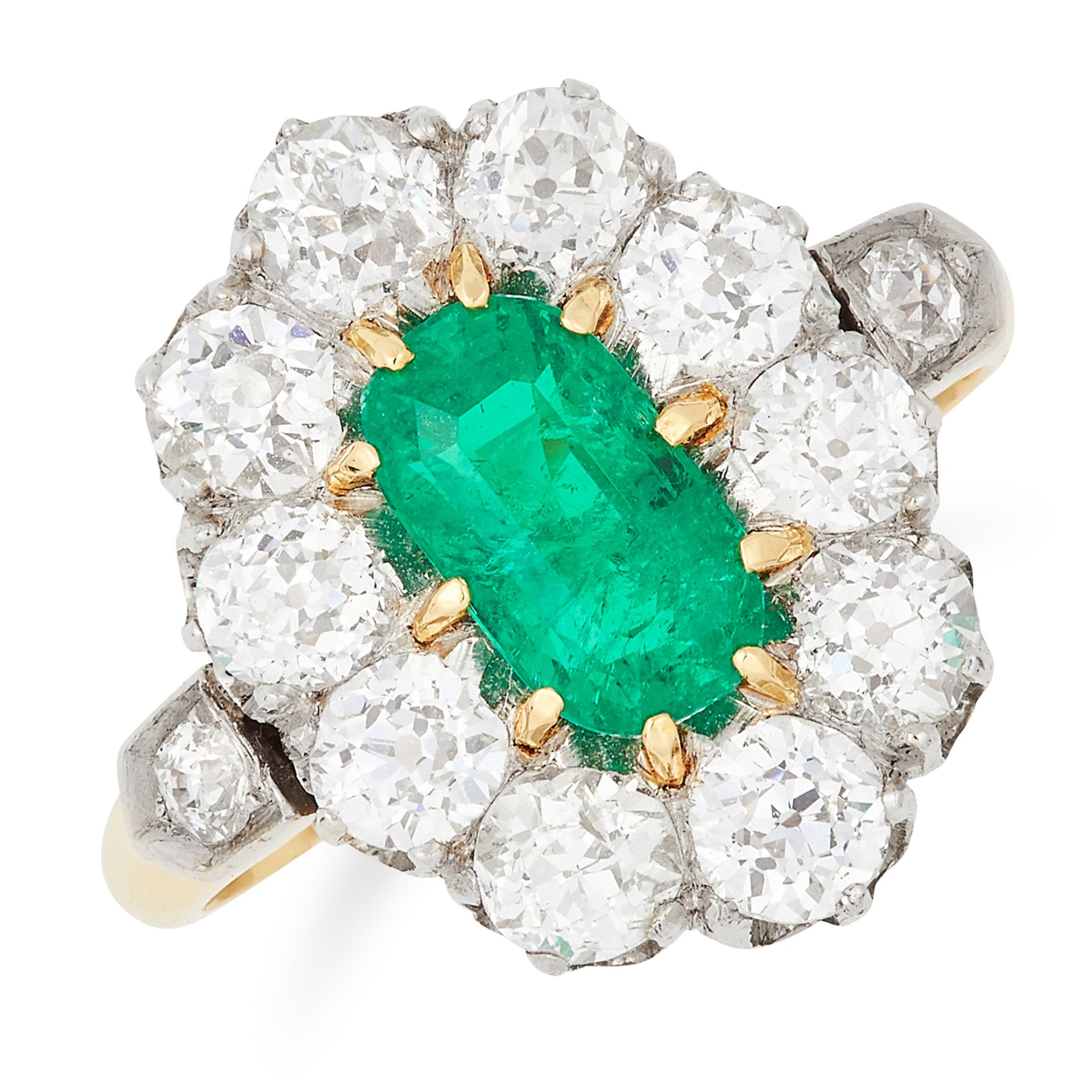 ANTIQUE EMERALD AND DIAMOND CLUSTER RING set with a mixed cut emerald of 1.05 carats in a border