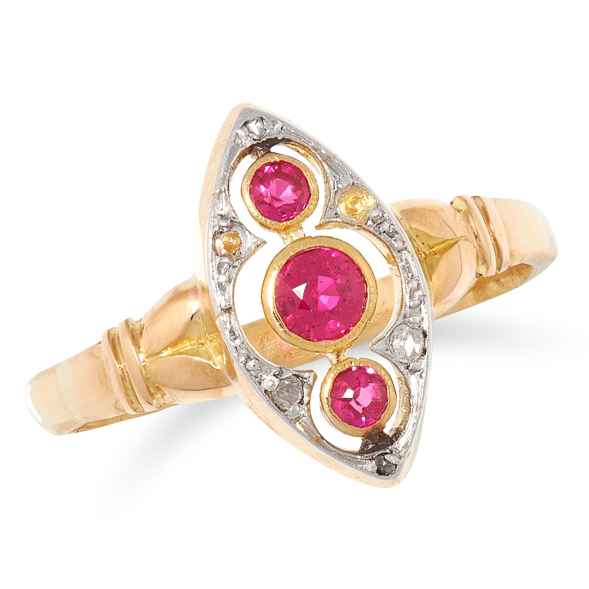 RUBY AND DIAMOND RING the marquise face is set with round cut rubies and rose cut diamonds, size O /