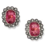 TOURMALINE AND DIAMOND CLUSTER EARRINGS each set with a cushion cut tourmaline totalling