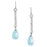 AQUAMARINE AND DIAMOND EARRINGS each set with a row of round cut diamonds suspending an aquamarine