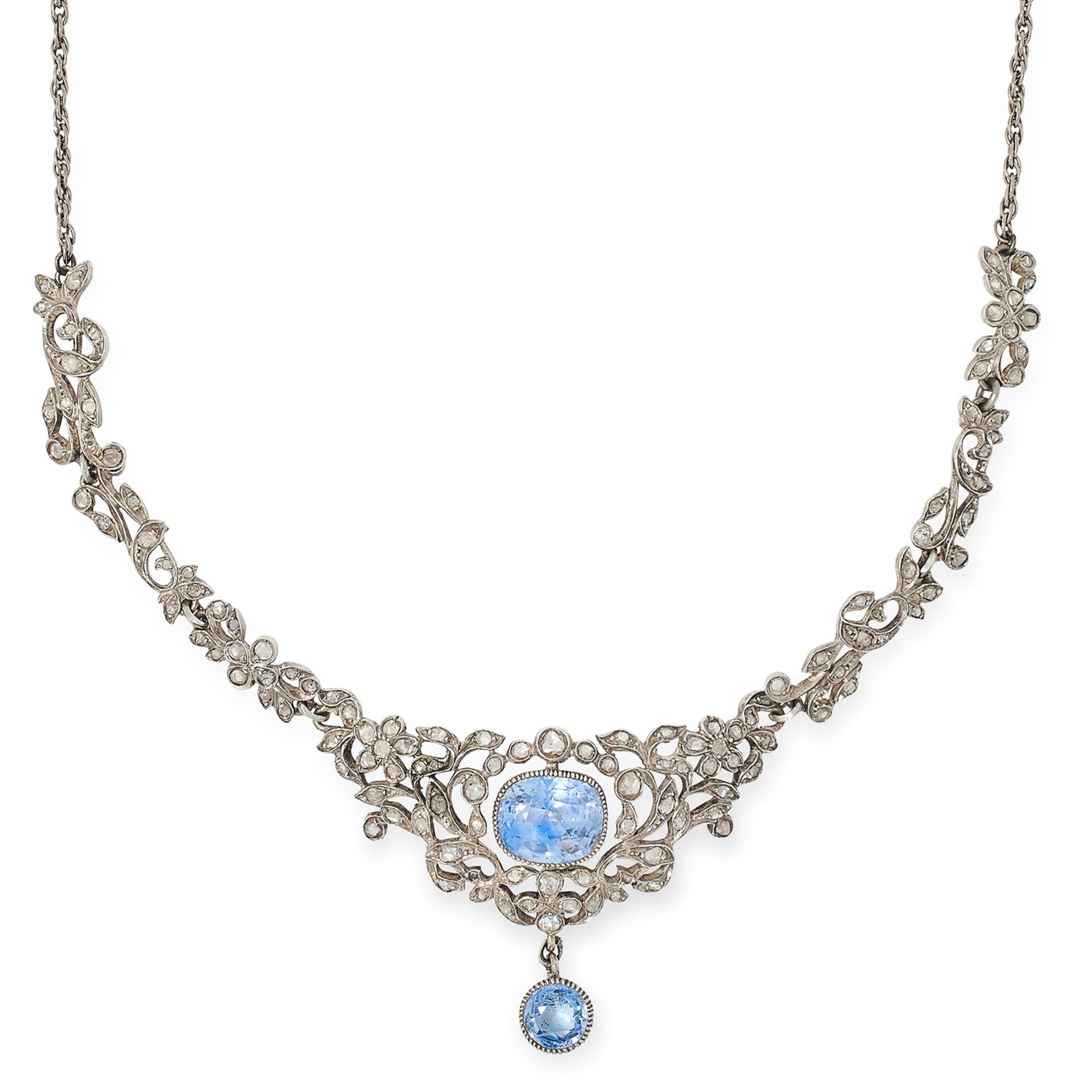 ANTIQUE 12.20 CARAT CEYLON NO HEAT SAPPHIRE AND DIAMOND NECKLACE in foliate design, set with rose