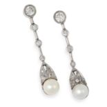 PEARL AND DIAMOND EARRINGS in Art Deco design set with round cut diamonds and pearls, 2.9cm, 4g.