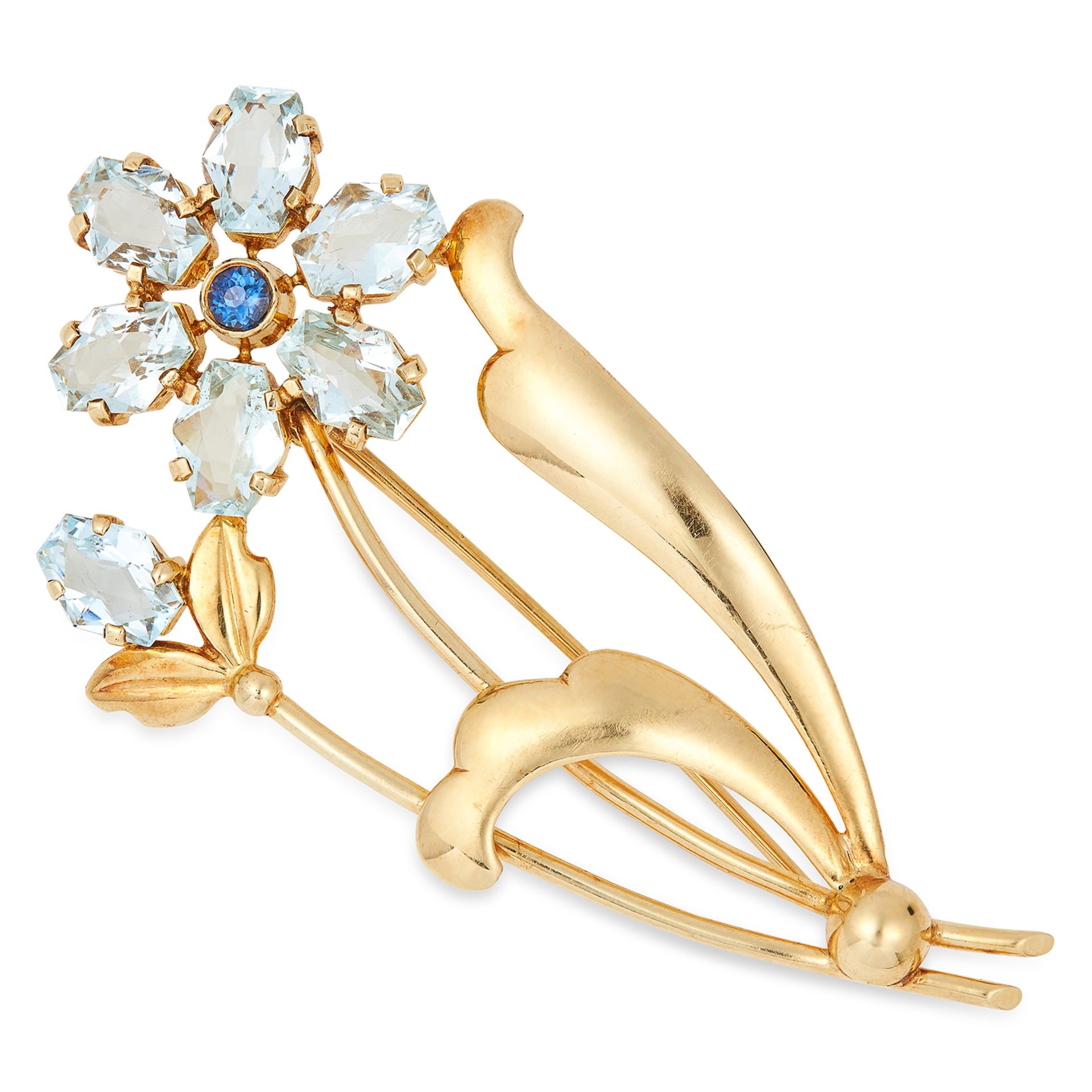 VINTAGE AQUAMARINE AND SAPPHIRE FLOWER BROOCH set with fancy 11cut aquamarines and a round cut