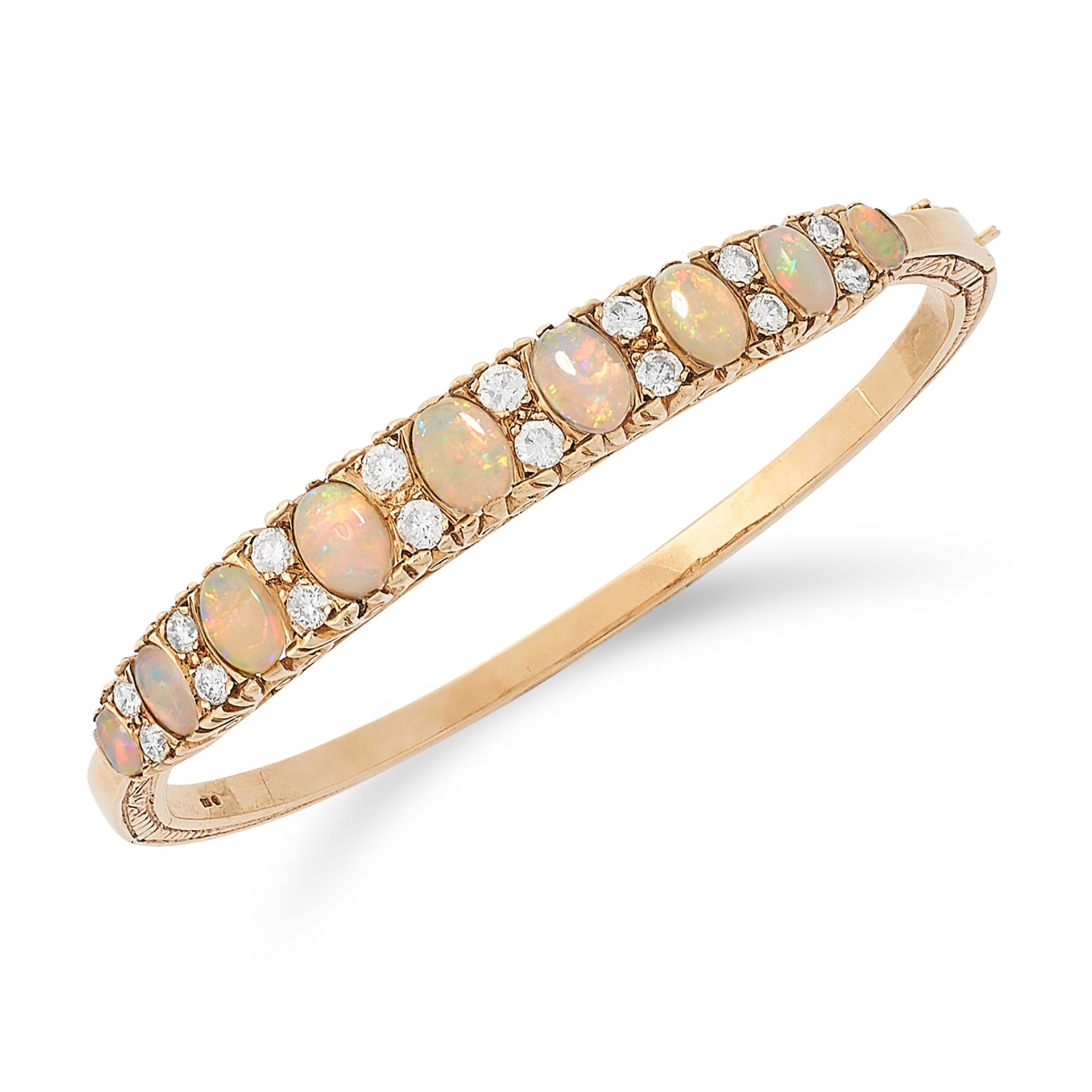 ANTIQUE DIAMOND AND OPAL BANGLE set with alternating cabochon opals and round cut diamonds, 6cm