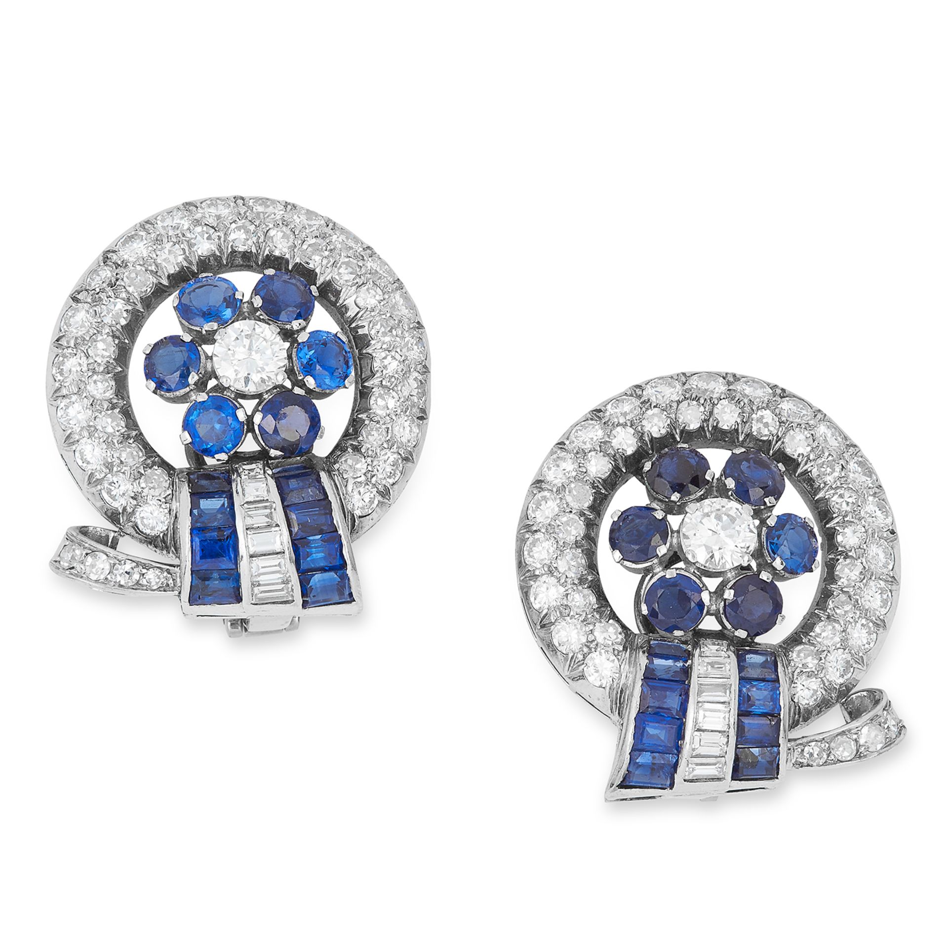 SAPPHIRE AND DIAMOND CLIP EARRINGS set with round and baguette cut diamonds and sapphires, 2.5cm,