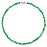 JADE BEAD NECKLACE comprising of a single row of jade beads, with round cut diamond and pearl clasp,