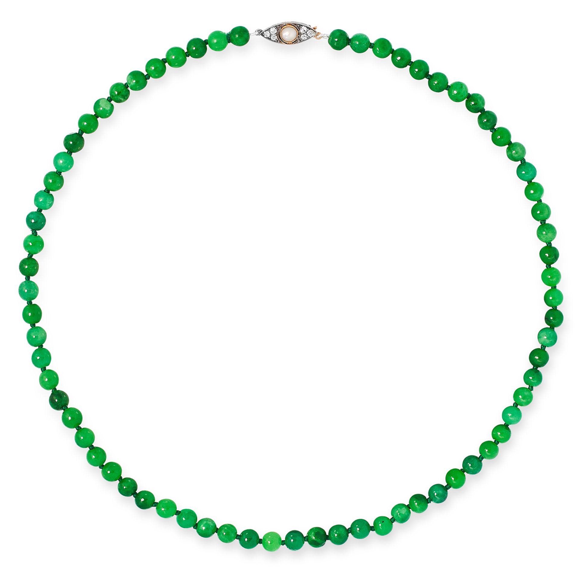 JADE BEAD NECKLACE comprising of a single row of jade beads, with round cut diamond and pearl clasp,