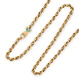ANTIQUE GUARD CHAIN the hand clasp set with turquoise and a ruby, 78.5cm, 25.3g.