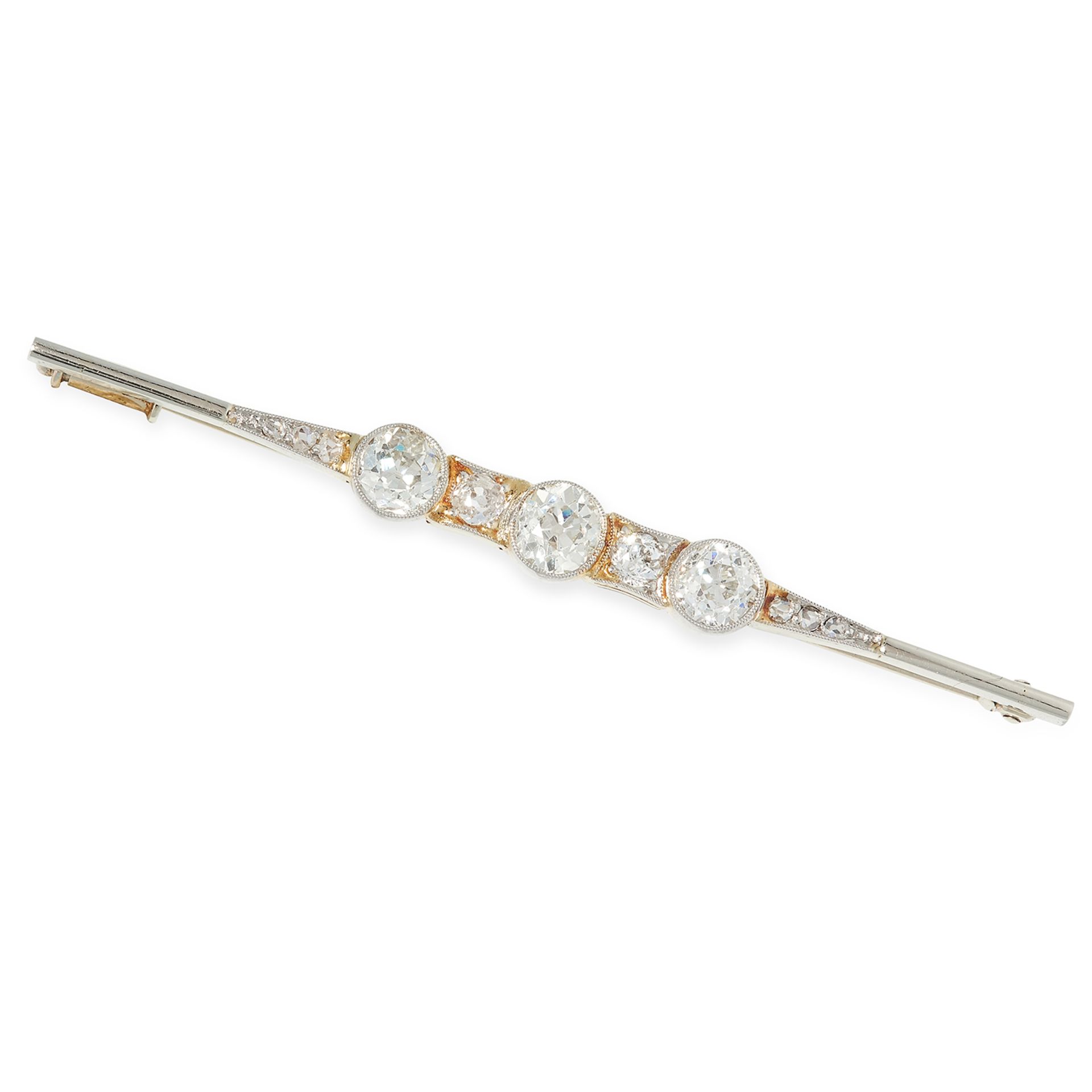 ANTIQUE DIAMOND BAR BROOCH set with a row of old and rose cut diamonds totalling approximately 2.