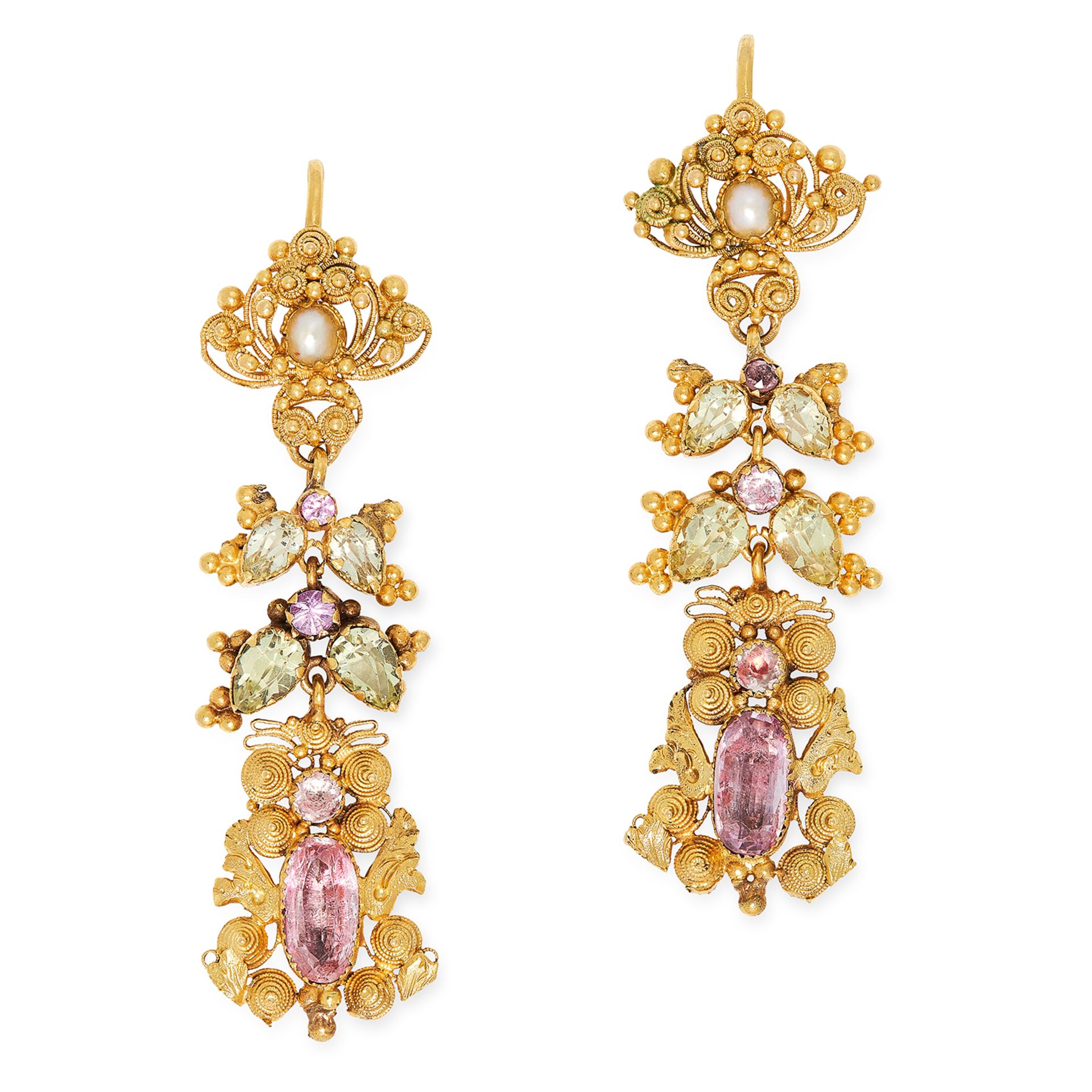 ANTIQUE GEORGIAN PINK TOPAZ, CHRYSOBERYL AND PEARL EARRINGS in foliate design, set with pearls, pear