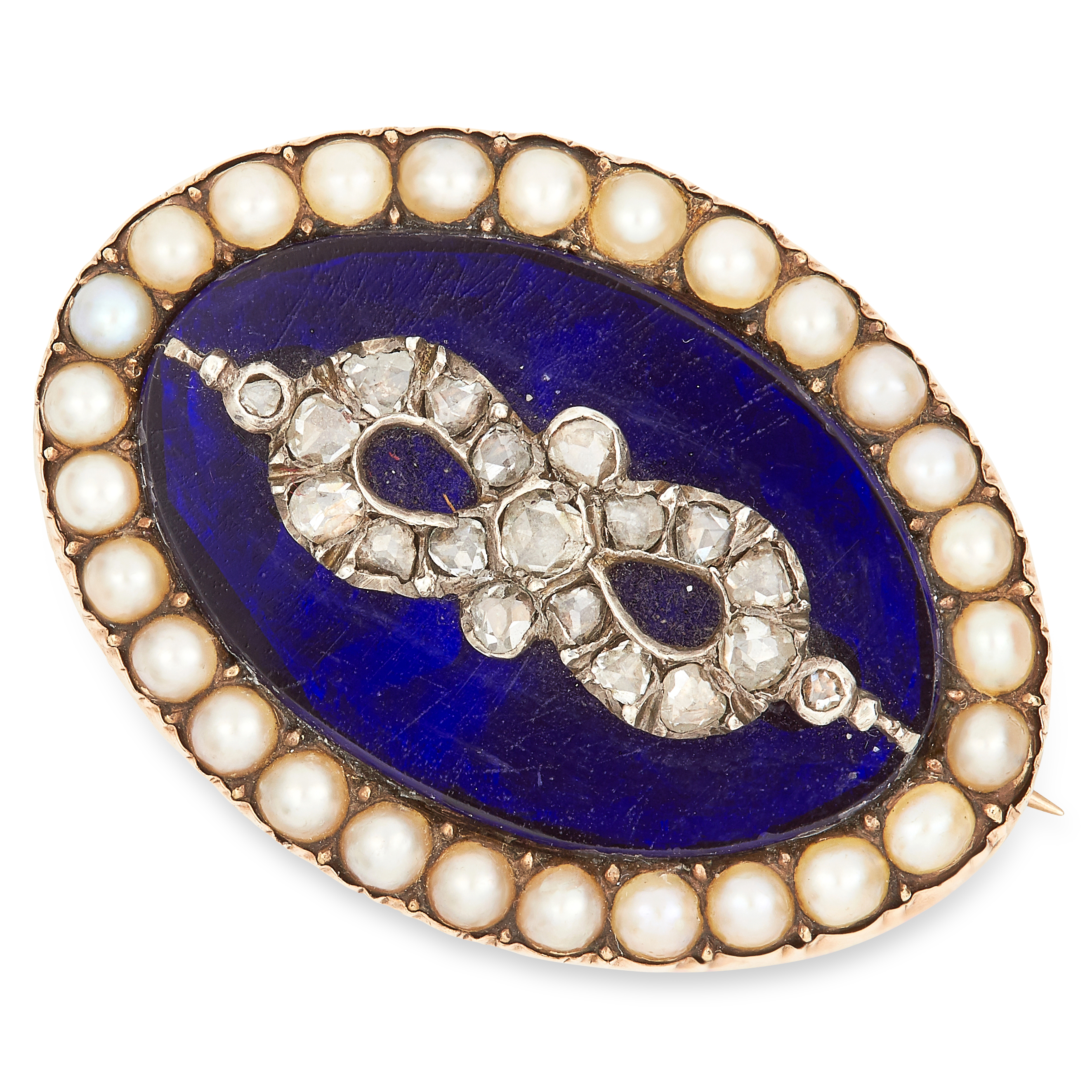 ANTIQUE PEARL, DIAMOND AND ENAMEL BROOCH set with blue enamel, seed pearls and rose cut diamonds,