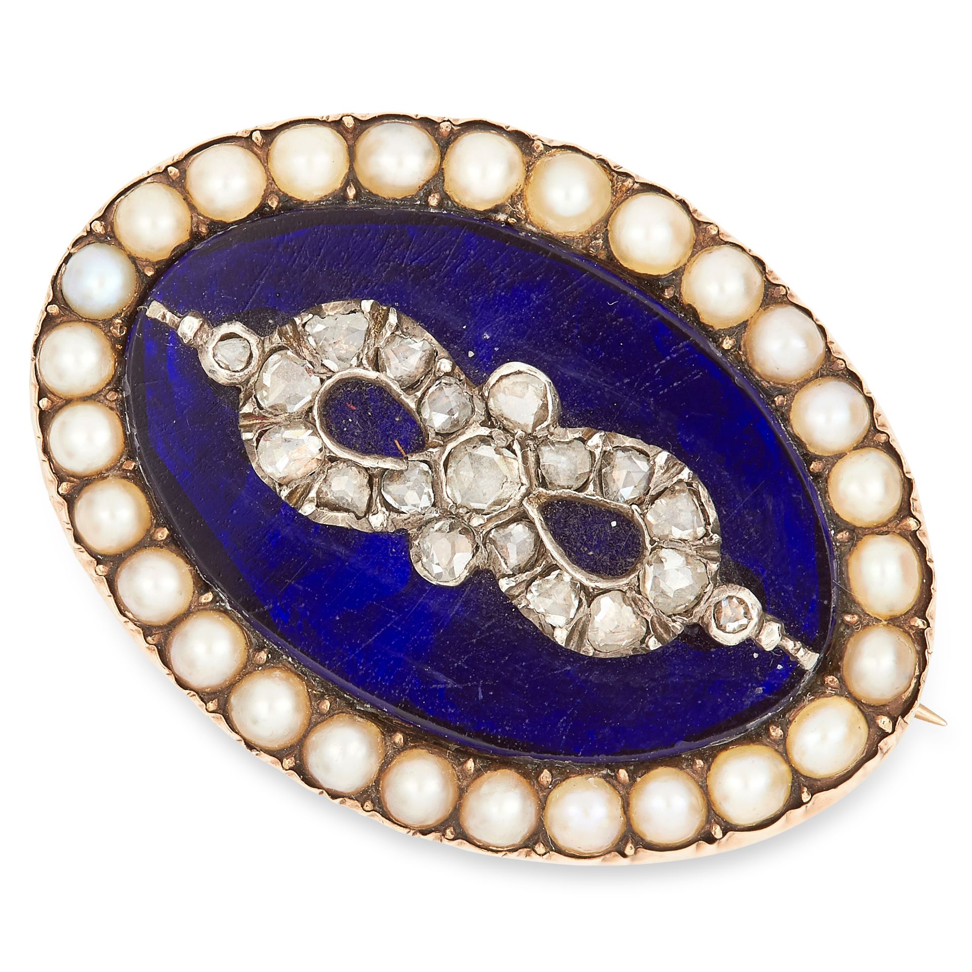 ANTIQUE PEARL, DIAMOND AND ENAMEL BROOCH set with blue enamel, seed pearls and rose cut diamonds,