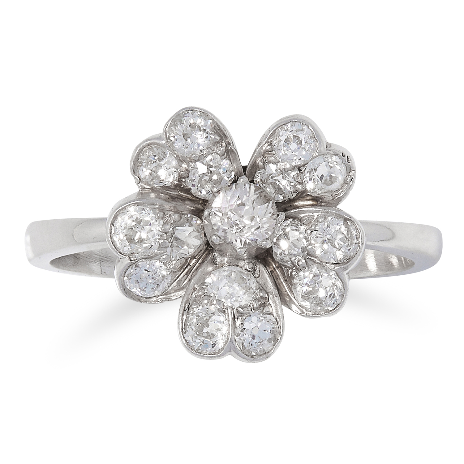 DIAMOND FLOWER RING set with old cut diamonds totalling approximately 0.60 carats, size M / 6, 3.