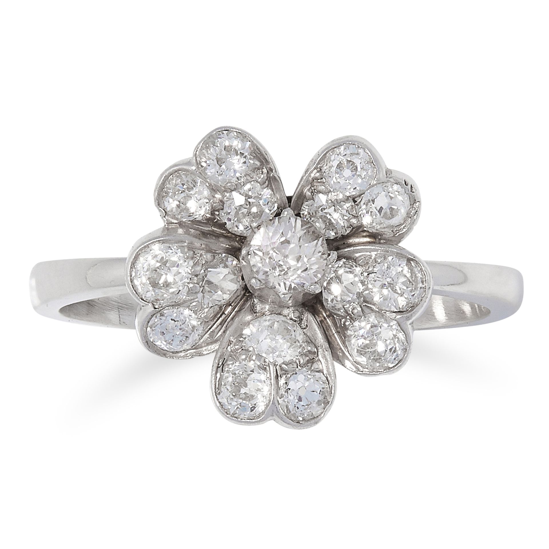 DIAMOND FLOWER RING set with old cut diamonds totalling approximately 0.60 carats, size M / 6, 3.