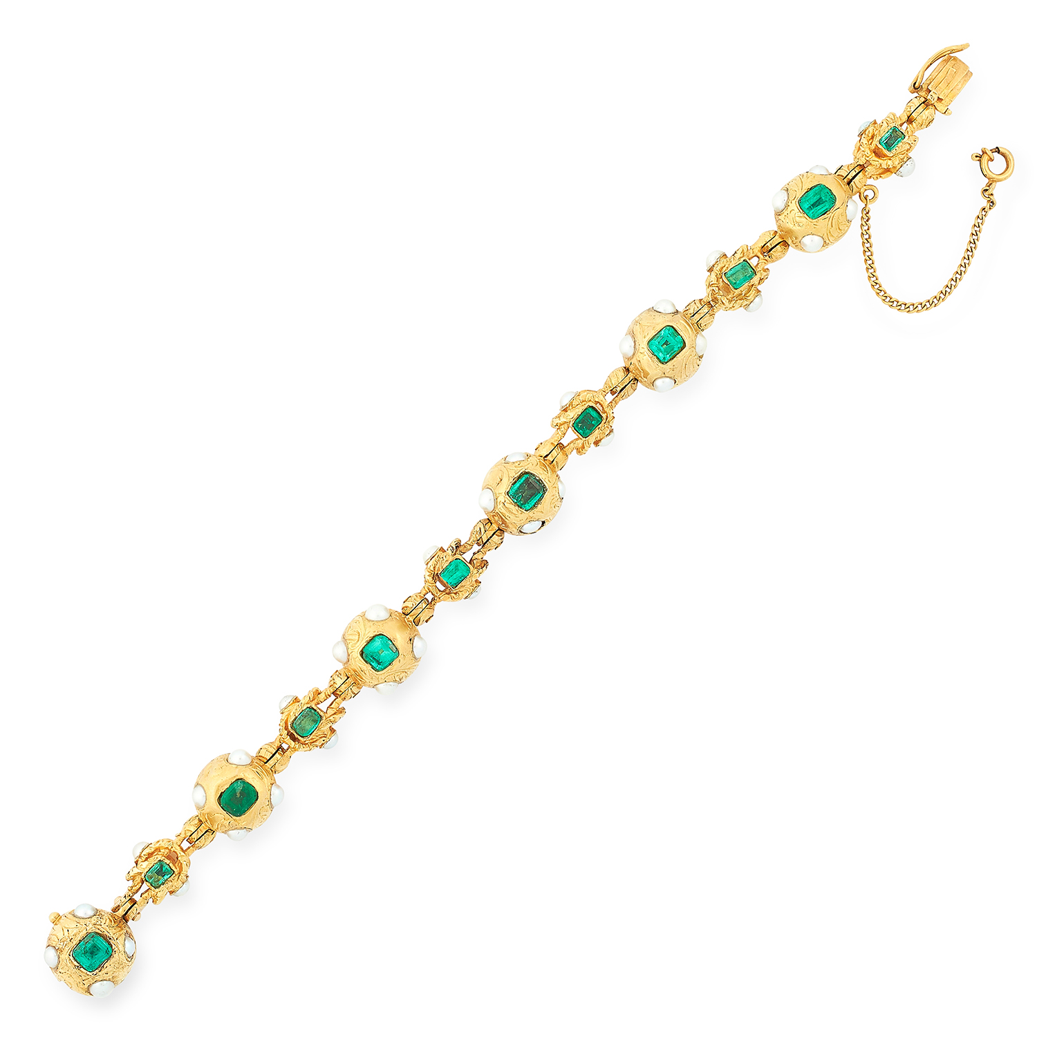 EMERALD AND PEARL BRACELET comprising of gold beads set with emerald cut emeralds and pearls,