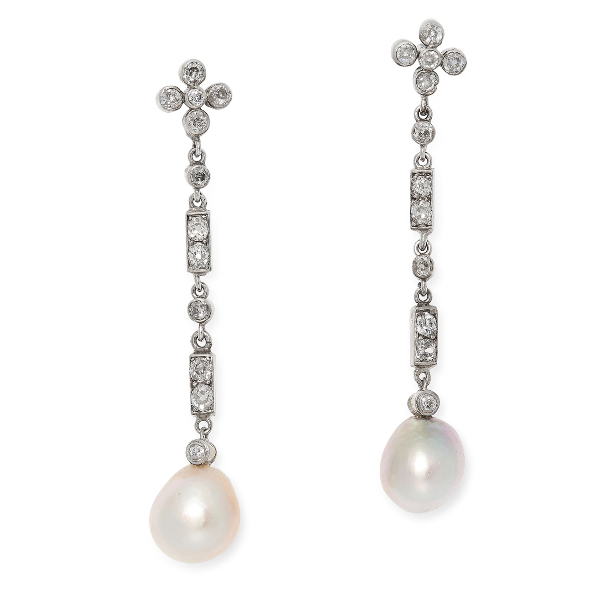 ANTIQUE NATURAL SALTWATER PEARL AND DIAMOND EARRINGS each set with a row of old cut diamonds