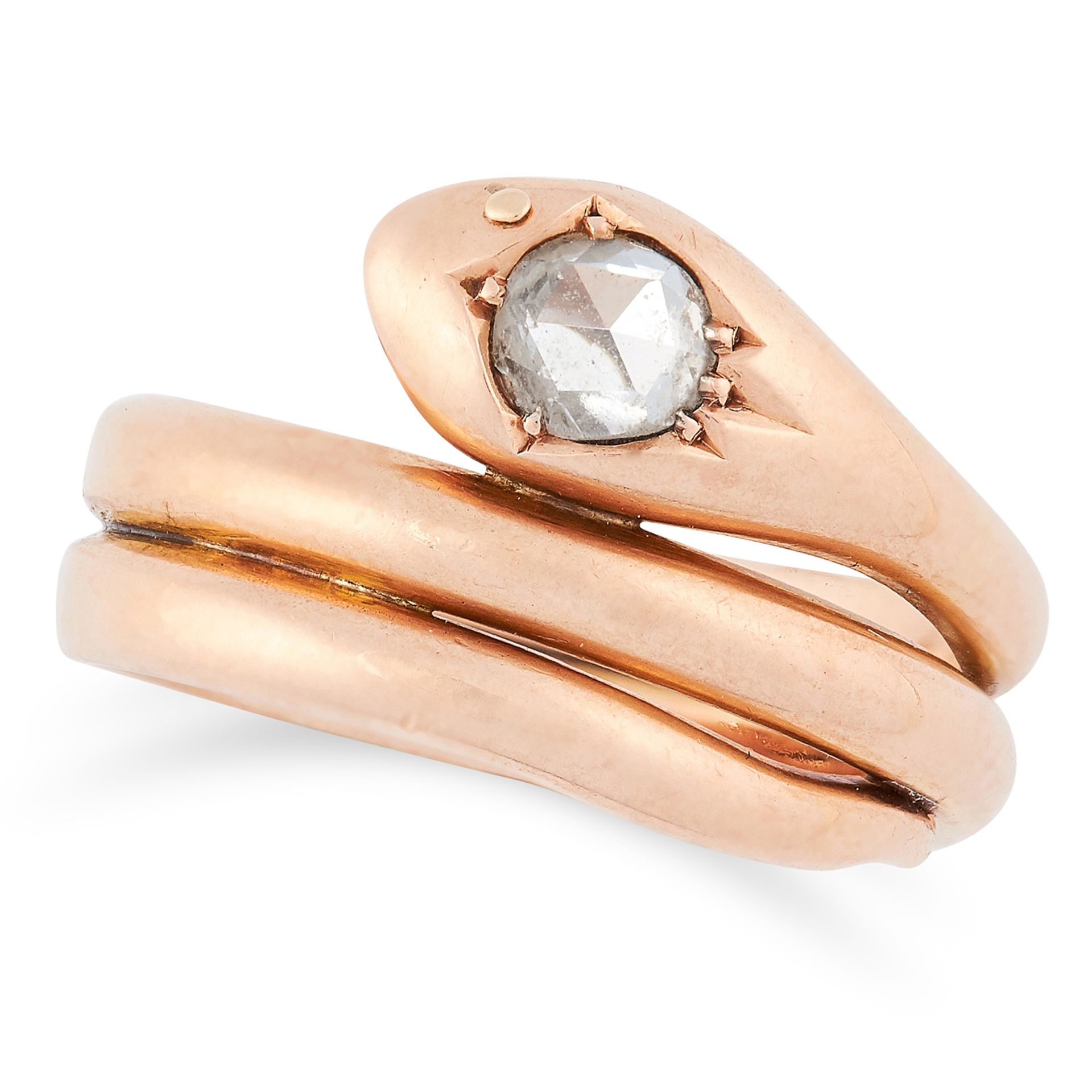 ANTIQUE DIAMOND SNAKE RING set with a rose cut diamond, size Q / 8, 8.9g.