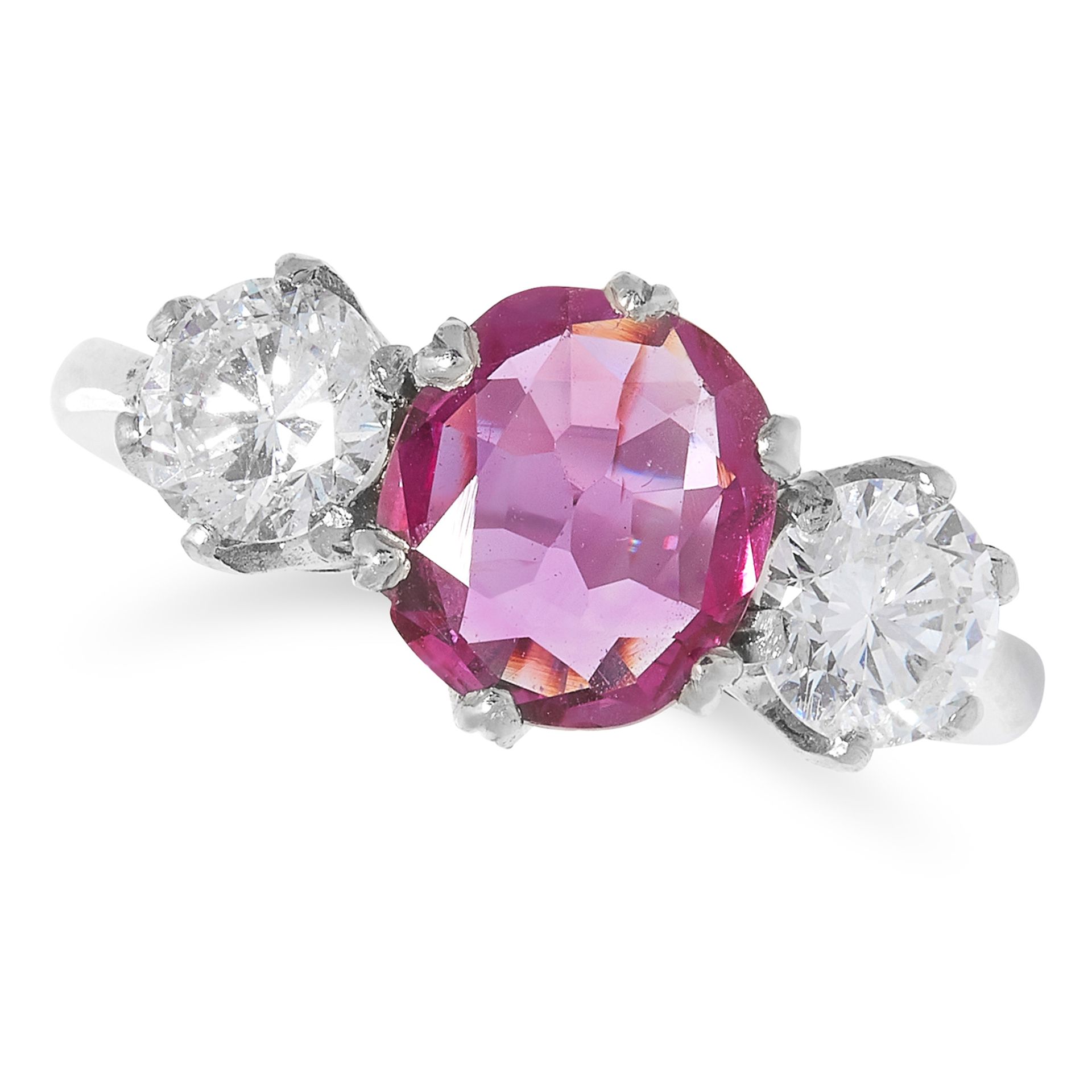 SPINEL AND DIAMOND THREE STONE RING set with a round cut spinel of approximately 1.28 carats between