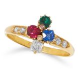 GEMSET RING set with round cut ruby, sapphire, emerald and old cut diamonds, size N / 7, 2.5g.