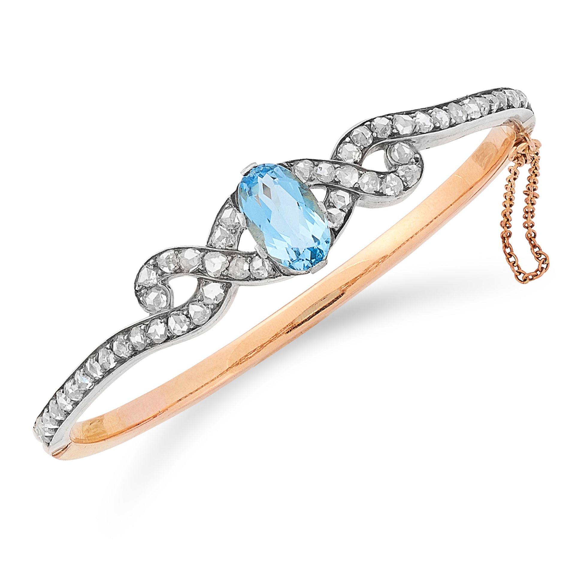 ANTIQUE AQUAMARINE AND DIAMOND BANGLE set with an oval cut aquamarine and rose cut diamonds, 6cm