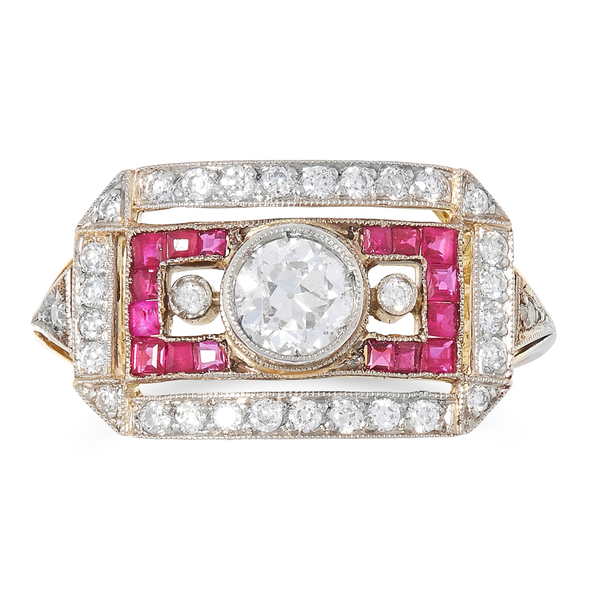 ART DECO RUBY AND DIAMOND RING set with old cut diamonds and step cut rubies, size O / 7, 3.1g.