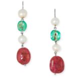 NATURAL PEARL, EMERALD AND RUBY DROP EARRINGS each set with two pearls and a polished emerald and