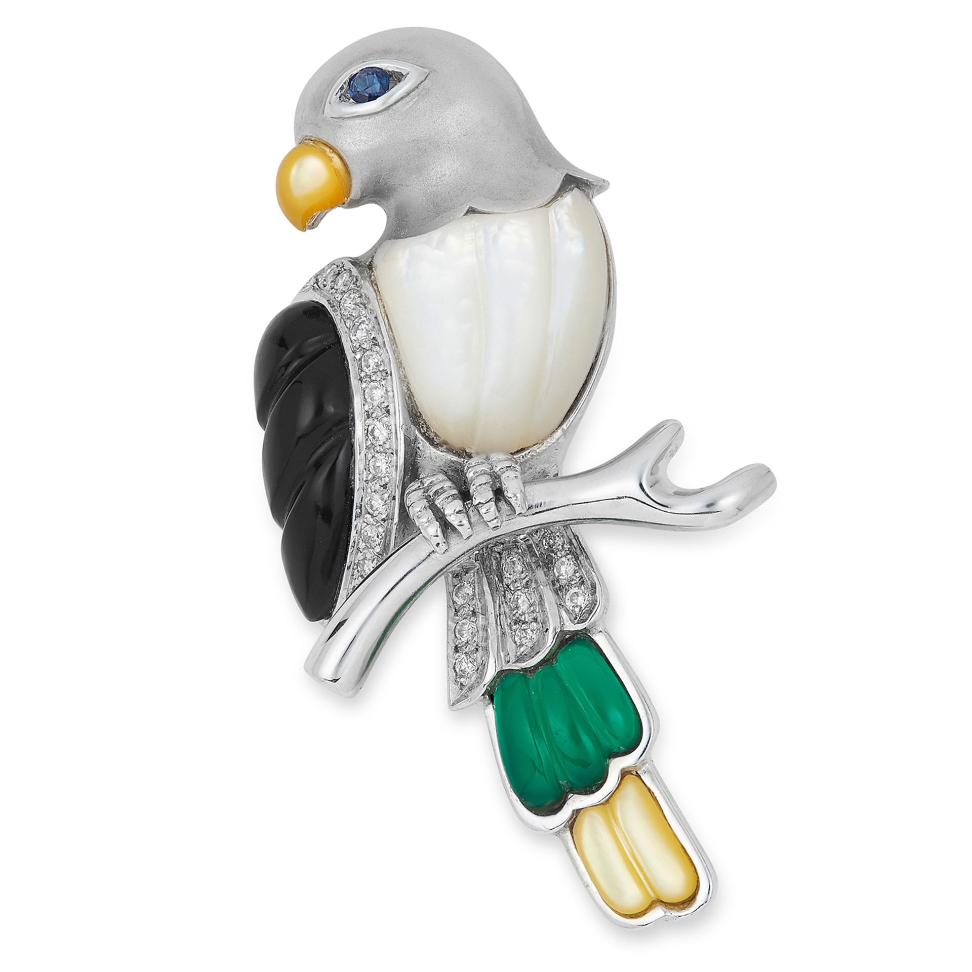 GEMSET PARROT BROOCH, set with multi coloured hardstones, onyx and a round cut sapphire, 4.7cm, 11.