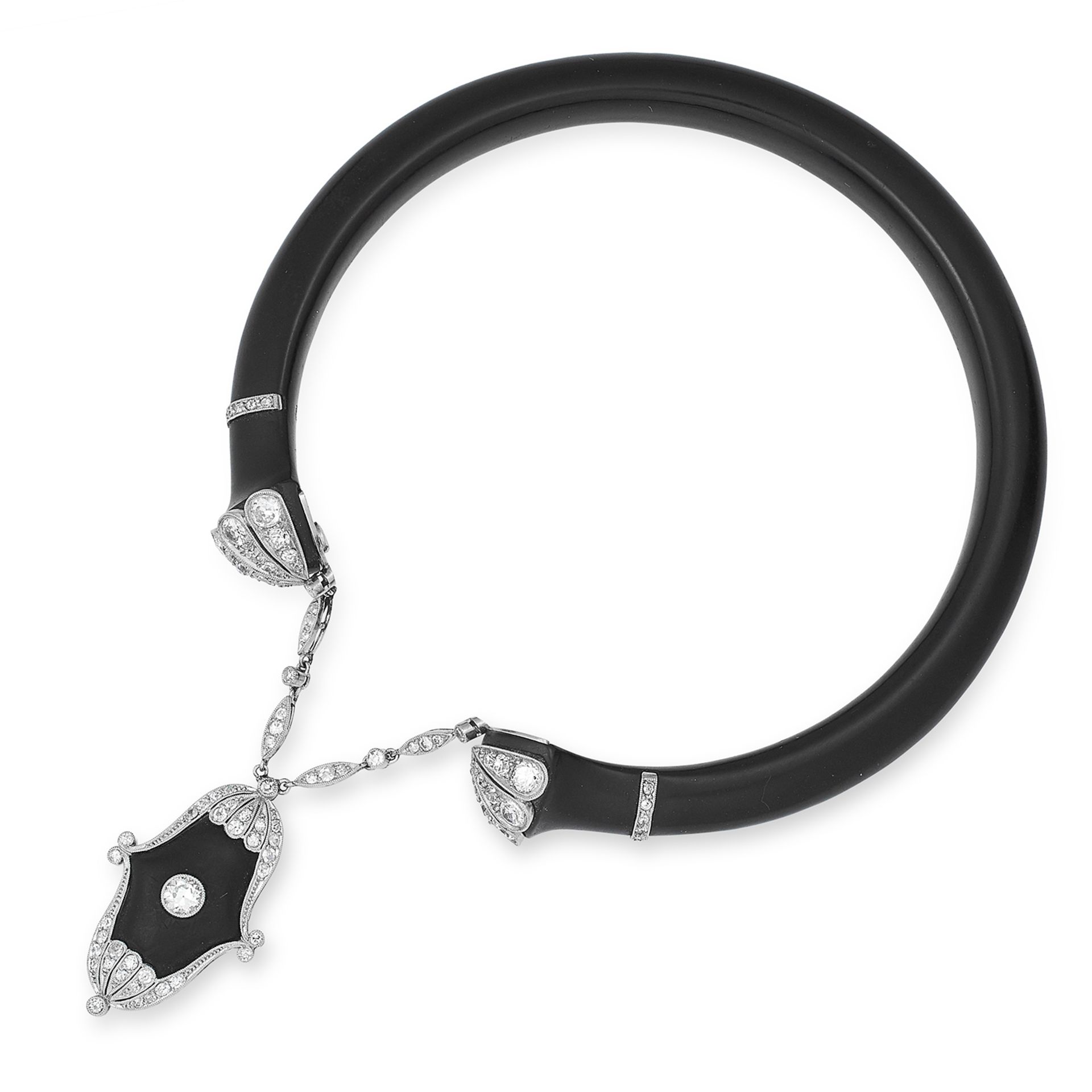 ANTIQUE DIAMOND AND ONYX BANGLE comprising of a black bangle suspending a charm jewelled with