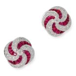 RUBY AND DIAMOND STUD EARRINGS in twisted design set with step cut rubies and round cut diamonds,