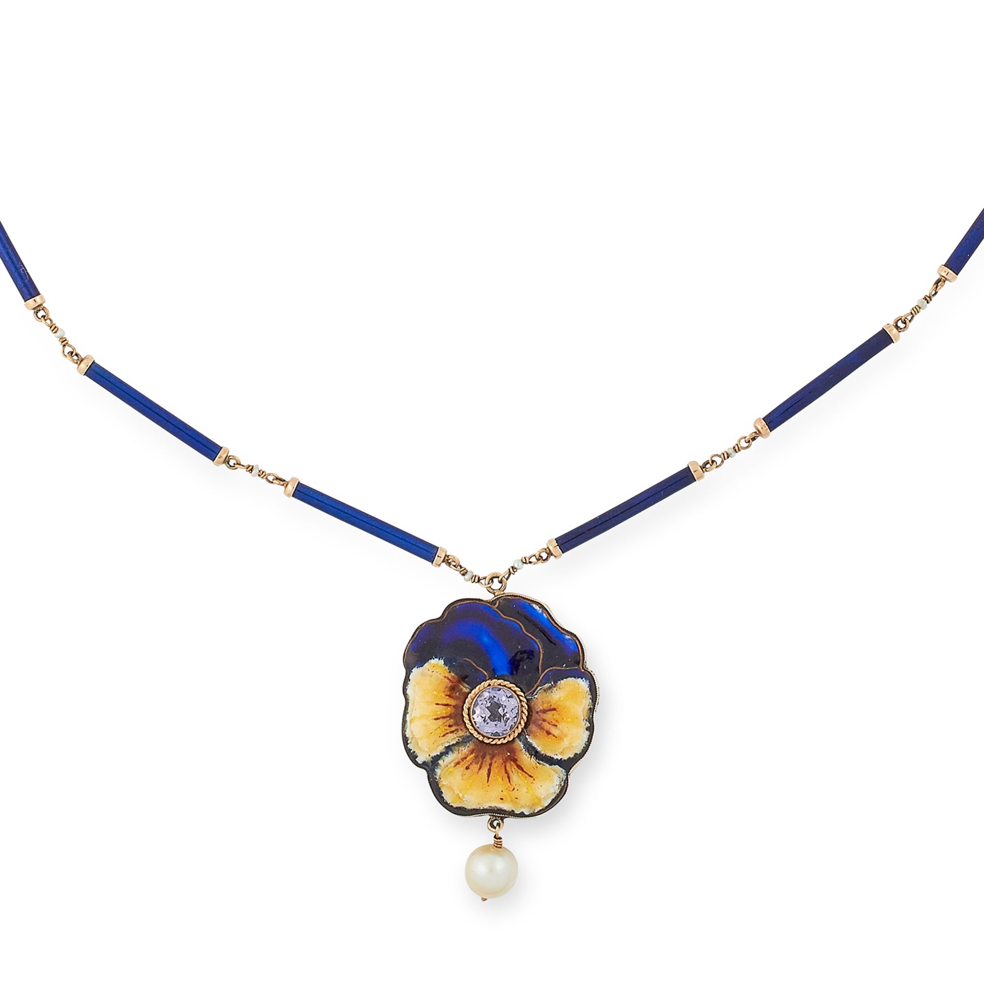 ANTIQUE ENAMELLED PANSY NECKLACE set with a purple faceted stone and a pearl, 43.5cm, 11g.