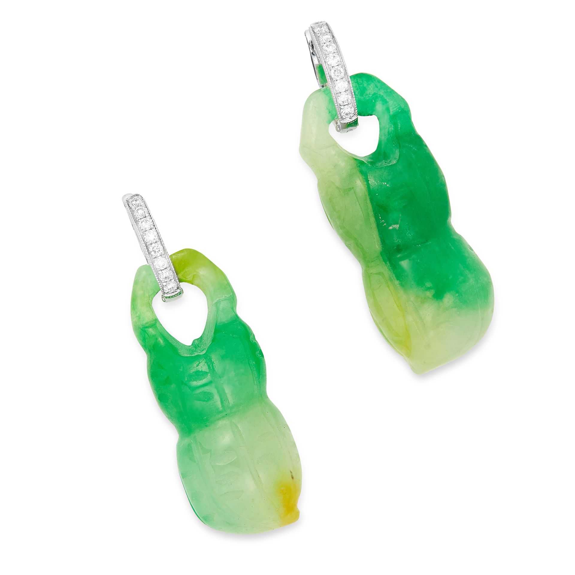 CARVED JADE AND DIAMOND EARRINGS each comprising of a hoop set with round cut diamonds suspending
