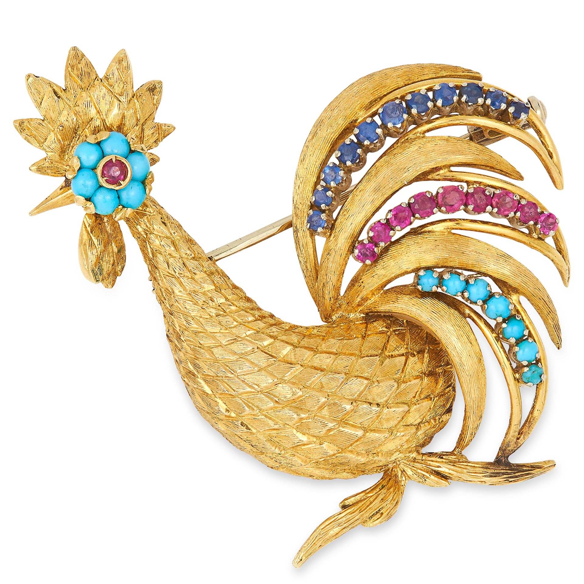 VINTAGE GEMSET COCKEREL BROOCH, set with cabochon turquoise, round cut rubies and round cut