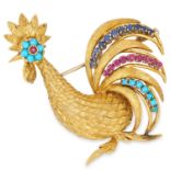 VINTAGE GEMSET COCKEREL BROOCH, set with cabochon turquoise, round cut rubies and round cut