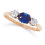 SAPPHIRE AND DIAMOND THREE STONE RING set with a cushion cut sapphire of approximately 0.82 carats