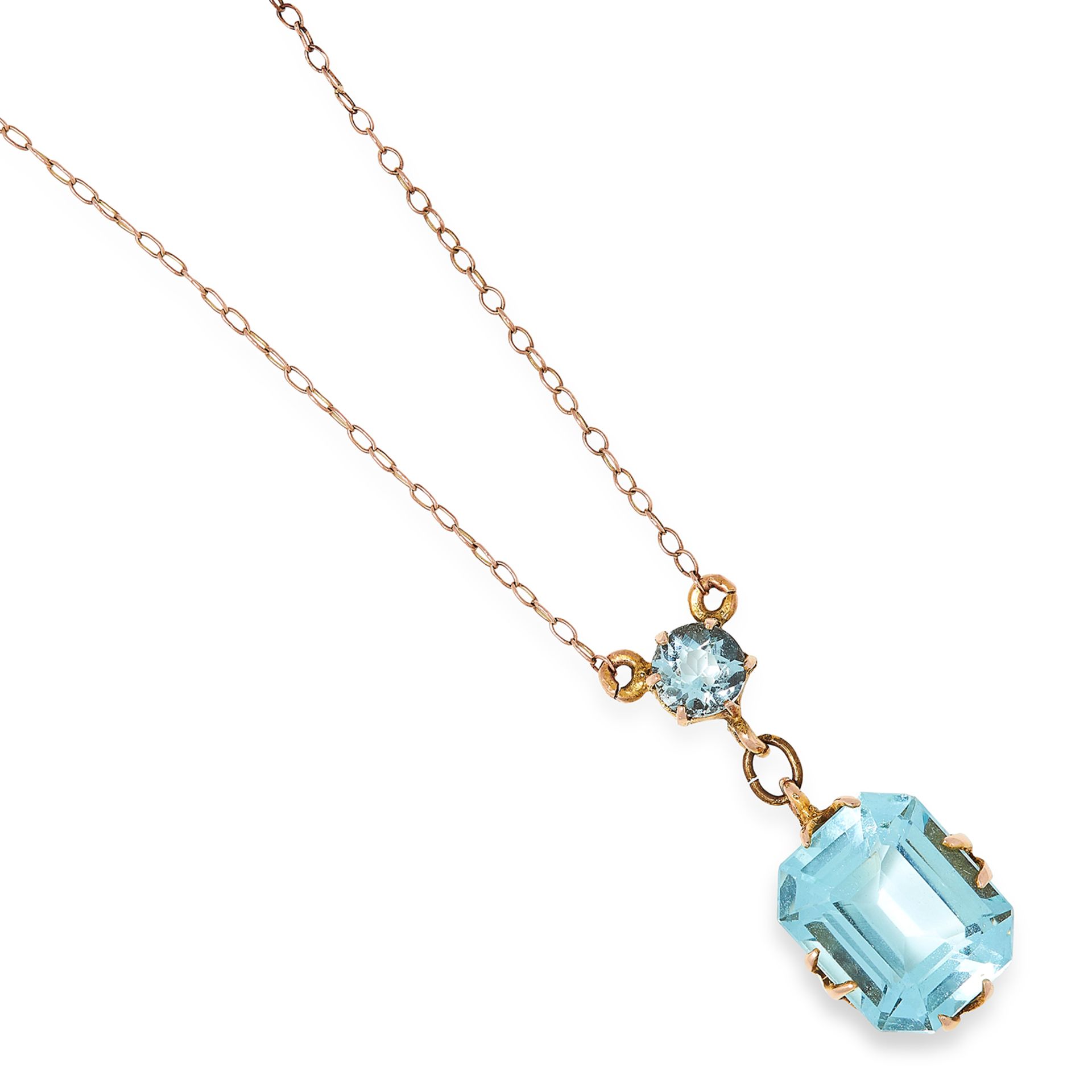 AQUAMARINE PENDANT set with a round cut aquamarine suspending an emerald cut aquamarine, 1cm, 1.7g.