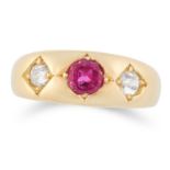 ANTIQUE RUBY AND DIAMOND THREE STONE RING set with a round cut ruby of approximately 0.68 carats