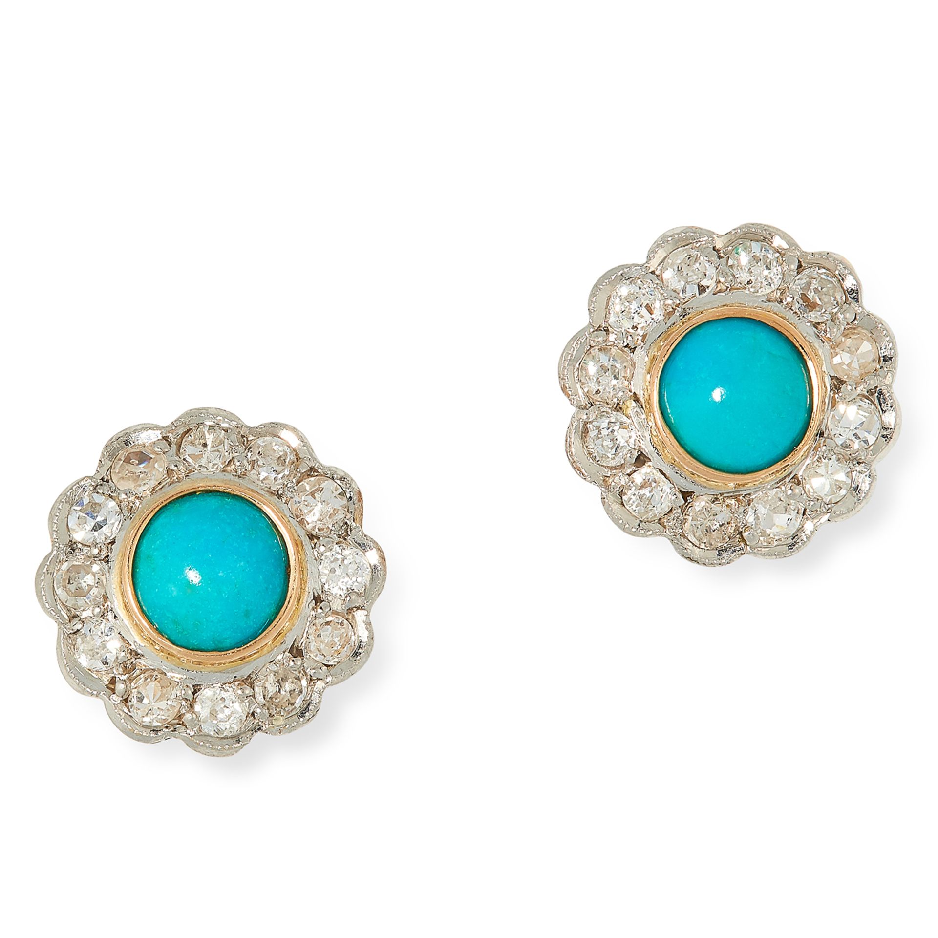 TURQUOISE AND DIAMOND CLUSTER EARRINGS each set with a cabochon turquoise in a border of old cut