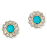 TURQUOISE AND DIAMOND CLUSTER EARRINGS each set with a cabochon turquoise in a border of old cut