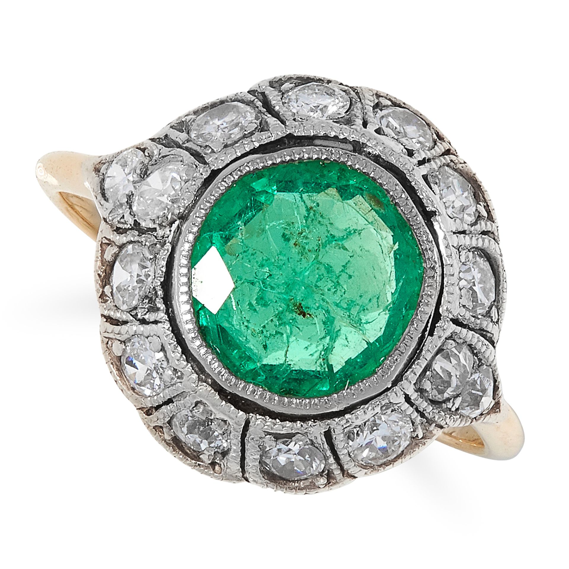 2.08 CARAT EMERALD AND DIAMOND CLUSTER RING set with a round cut emerald of approximately 2.08