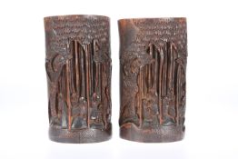 A PAIR OF CHINESE BAMBOO BITONG BRUSH POTS, LATE QING DYNASTY