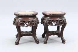 A PAIR OF CHINESE MARBLE INSET HARDWOOD JARDINIERE STANDS, 19TH CENTURY