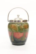 WILLIAM MOORCROFT, AN EVENTIDE PATTERN SILVER-PLATE MOUNTED BISCUIT BARREL