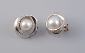A PAIR OF CONTEMPORARY CULTURED PEARL AND DIAMOND SET EARRINGS