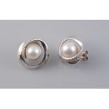 A PAIR OF CONTEMPORARY CULTURED PEARL AND DIAMOND SET EARRINGS