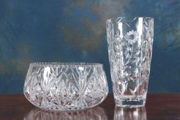 A LARGE CONTINENTAL CUT-GLASS BOWL AND A LARGE VASE