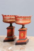 A PAIR OF TOLEWARE URNS OR TAZZAS IN THE REGENCY TASTE