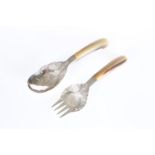A PAIR OF SILVER AND HORN HANDLED SALAD SERVERS