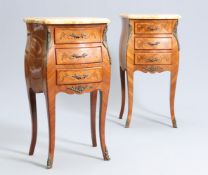 A PAIR OF LOUIS XV STYLE MARBLE TOPPED WALNUT PETITE COMMODES