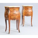 A PAIR OF LOUIS XV STYLE MARBLE TOPPED WALNUT PETITE COMMODES