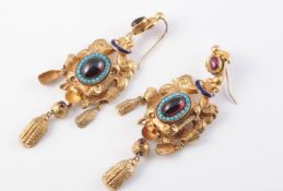 A PAIR OF EARLY 19TH CENTURY GILT METAL AND GARNET SET EARRINGS